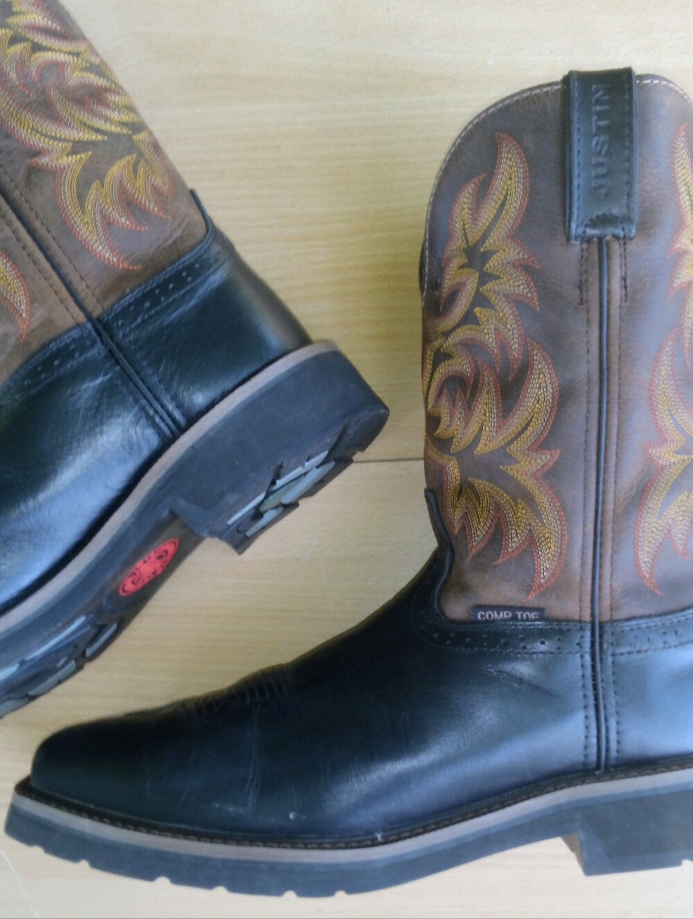 Justin Boots Black Leather Toe with Brown Embroidered Shaft Cowboy Boots